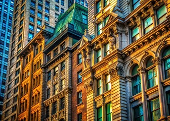 Fototapeta premium Historic Wall Street High-Rise Facades: Urban Exploration Photography