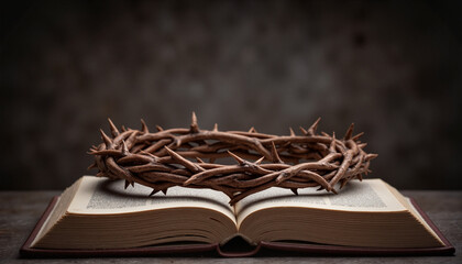 Crown of thorns placed atop an aged Bible, soft lighting creating a solemn mood for Maundy Thursday