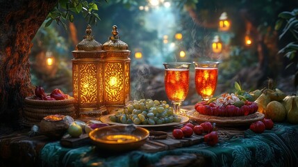 Enchanted forest picnic, lanterns and drinks, sunset ambiance