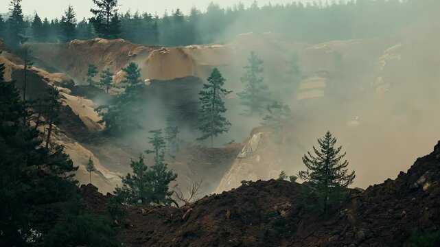 Dramatic land movement and dust clouds in forest quarry erosion. Powerful natural disaster in action. 