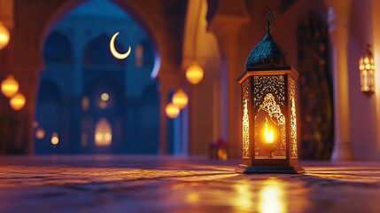 Fototapeta premium This 3D illustration depicts an Islamic background with a Ramadan lantern and crescent moon. It's a perfect decoration for religious celebrations including Ramadan Kareem, Mawlid
