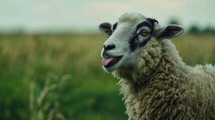Obraz premium Sheep playfully sticking out its tongue, a moment of lighthearted charm.