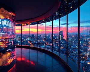 Futuristic Skyscraper Terrace With Holographic City Data Displays at Dusk