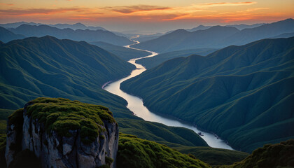 Stunning Vietnamese mountain range with deep green valleys and winding river at sunset, symbolizing resilience