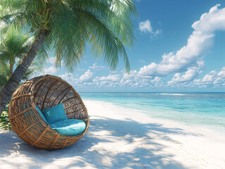 beach scene with a wicker chair with teal cushions under a slanted palm tree, overlooking the blue ocean and a sandy shore with distant trees. The sky is partly cloudy with fluffy white clouds.