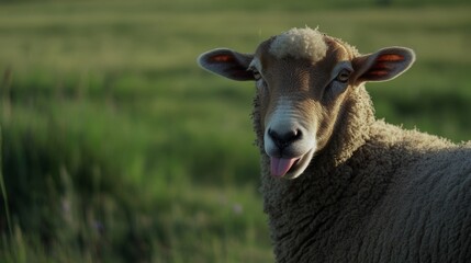 Obraz premium Sheep playfully sticking out its tongue, a moment of lighthearted charm.