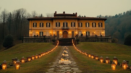 Fototapeta premium Evening illumination of a grand estate with candlelit pathway