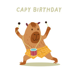 Greeting card or birthday invitation in hand drawn style with cute capybara, with drum.  Funny capybara character. Vector templates for party, event, hand drawn.