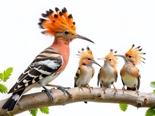Fototapeta premium Hoopoe Family on Birch Tree: Adorable Bird Family Perched on Branch, Isolated on White Background