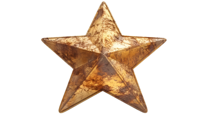Rustic Gold Star Antique 3D Design, Vintage Metal Decoration for Award Themes, isolated on transparent background.