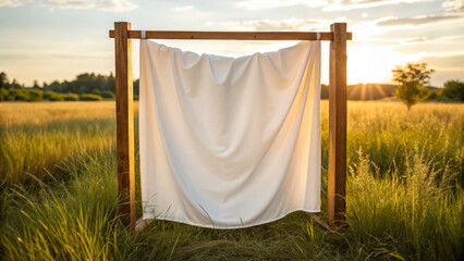 Gentle sunlight glinting off freshly washed white linen in a serene field at sunset