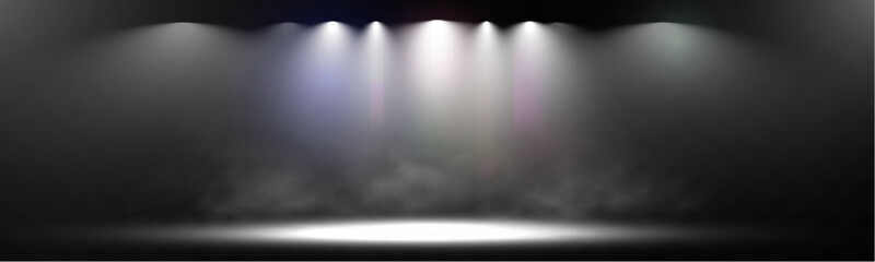 Spotlight stage background with fog and transparent effect. Realistic illuminated empty scene with dramatic lighting.	