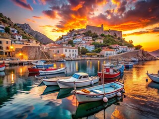 Hydra Island Harbor: Colorful Boats at Sunset, Greece