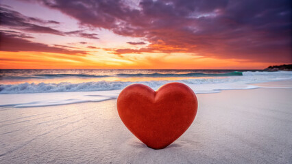 Fototapeta premium Gentle heart-shaped sculpture on vibrant red sand beach at sunset romantic emotions serene landscape