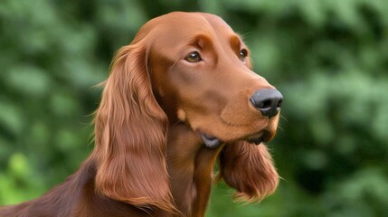 An Irish setter's gentle gaze, framed by soft light, evokes warmth and loyalty.	