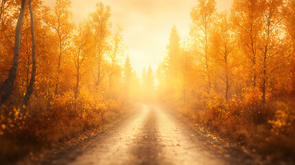 Naklejka premium Autumnal road through golden forest; misty sunrise, peaceful nature scene; ideal for travel posters