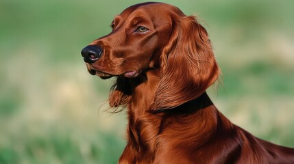 An Irish setter's gentle gaze, framed by soft light, evokes warmth and loyalty.	