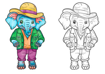 Naklejka premium Coloring Page For Kids, Coloring, Animals Of Africa, Cute Cartoon Elephant