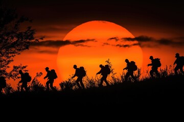 Fototapeta premium Silhouetted soldiers marching against a vibrant sunset, symbolizing courage, unity, and sacrifice in the face of adversity.