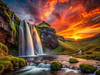 Iceland Waterfall Sunset: Golden Hour Light Bathes Cascading Water