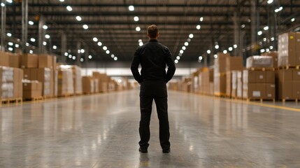 Fototapeta premium A person stands in a large warehouse, surrounded by rows of stacked boxes and bright overhead lights, contemplating the expansive space ahead.