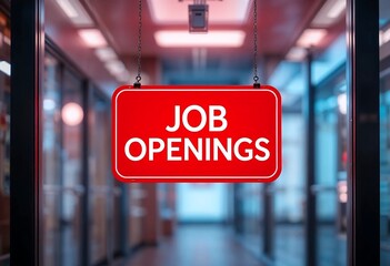 A vibrant red 'Job Openings' sign hangs in a modern office corridor, reflecting potential career opportunities and a welcoming work environment.