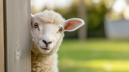 Fototapeta premium A baby sheep is peeking out from behind a wooden fence. The sheep is looking at the camera with a curious expression