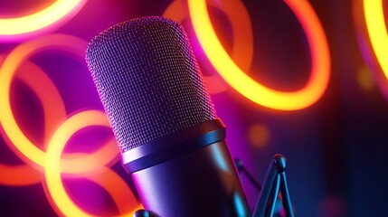 Close-up of a podcast microphone with glowing neon rings in the background.