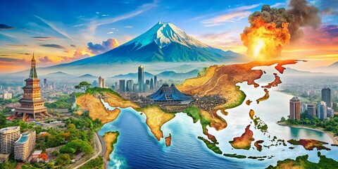 Indonesia Map, Jakarta, Volcanoes, Diverse Cultures, Southeast Asia - Stock Photo