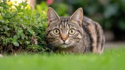 Obraz premium A cat is looking at the mouse in a grassy area. The cat is looking at the camera with a curious expression