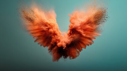 An explosive burst of orange powder captured in mid-air, forming a captivating motion-filled shape, symbolizing energy and creativity in an abstract setting.