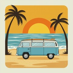 Summer vacation surf bus. Sunset tropical beach retro surfing. Vintage greeting card template, poster, sticker.