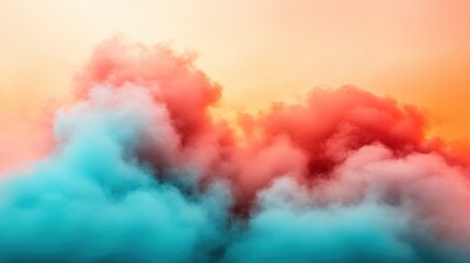 Image captures colorful smoky clouds in red, orange, and teal hues blending artistically against an orange gradient background, creating an abstract visual spectacle.