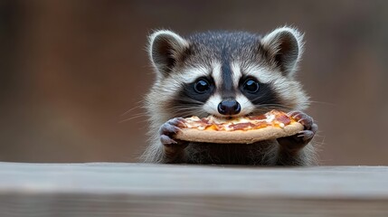 A delightful scene of a raccoon holding a petite pizza and staring intently, capturing a moment of curiosity and joy set against a neutral blurred background.
