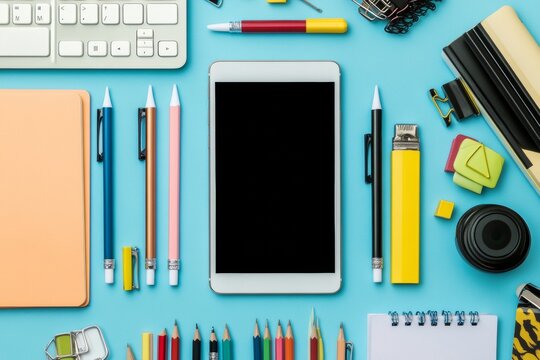 Creative arrangement of a smartphone, tablet, and various office stationery items on a vibrant blue surface captures the essence of a productive workspace. With copy space for text