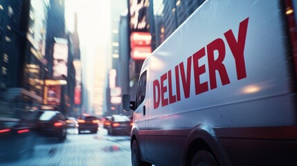 A delivery truck is driving down a busy city street. The truck is white, and the word "delivery" is written on the side