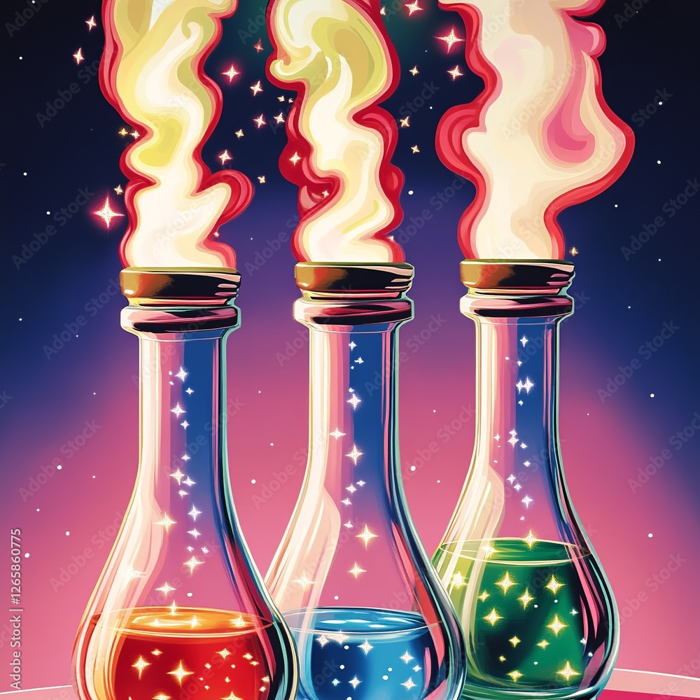 Poster a dynamic laboratory scene featuring glassware filled with colorful liquids and swirling smoke, depi