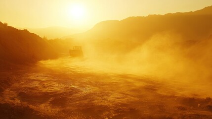 Fototapeta premium Dusty terrain with heavy equipment under a bright sunlight atmosphere