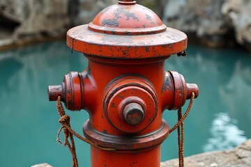 Fototapeta premium Rusty Red Fire Hydrant by a Turquoise Body of Water