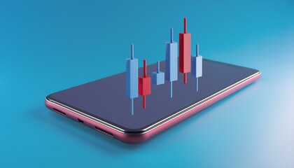 스마트폰 화면에 빨간색과 파란색의 입체적인 주식 캔들차트가 표현