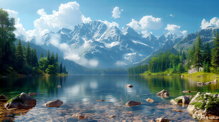 Górskie jezioro odbicie zielony las i pochmurny krajobraz błękitnego nieba