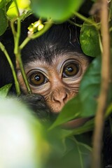 Obraz premium Monkey peeking through jungle vines
