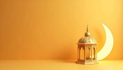 Ornate Lantern with Crescent Moon and Stars on Yellow Background for Ramadan and Islamic Celebrations, Warm Atmosphere