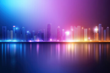 Fototapeta premium Vibrant city skyline reflecting lights on water during twilight hours