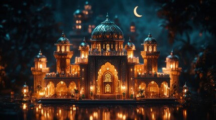 Obraz premium Illuminated Mughal Palace at Night Reflecting in Water, Lush Background