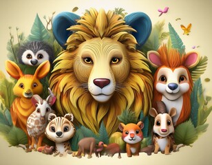 Fototapeta premium Colorido dibujo de dibujos animados con animales del bosque lindos y caras soleadas en un fondo ligero