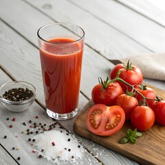 Fresh tomato juice served in a tall glass alongside ripe tomatoes on a wooden board with spices and salt placed on a rustic table
