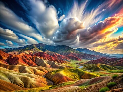 Iran Zanjan Valley Colored Hills Double Exposure Landscape - Vibrant Nature Stock Photo