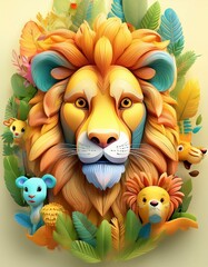 Colorido dibujo de dibujos animados con animales del bosque lindos y caras soleadas en un fondo ligero