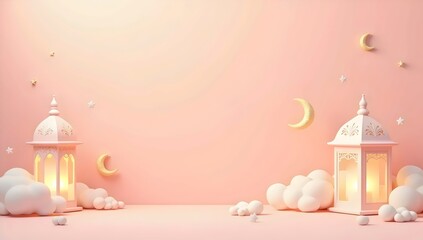 Ornate Lanterns and Crescent Moon on Pastel Pink Background for Islamic and Ramadan Celebrations, Warm Atmosphere